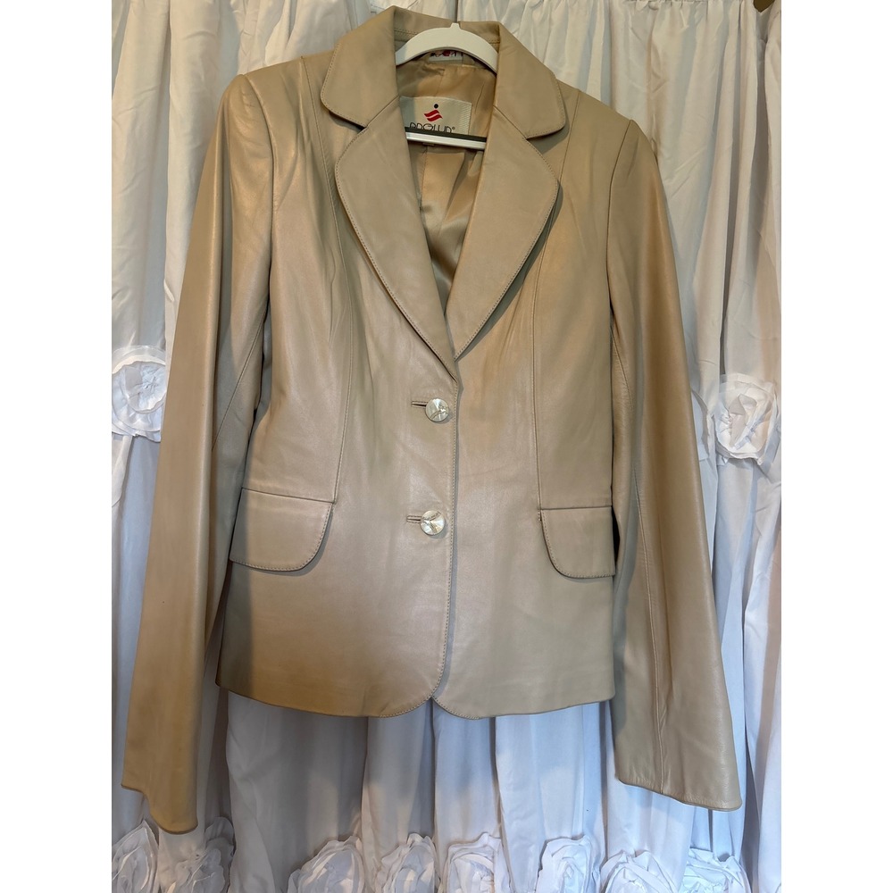 Anglun Womens Beige Leather Blazer Jacket Size L Two Button Tailored Lined Tan